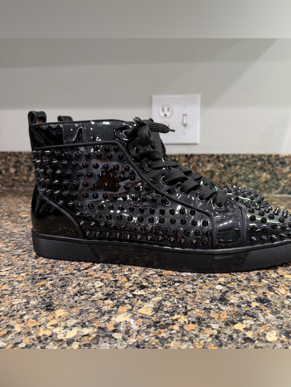 Christian louboutin Size 12 Studded Patent High-Top Sneakers in Black Mens